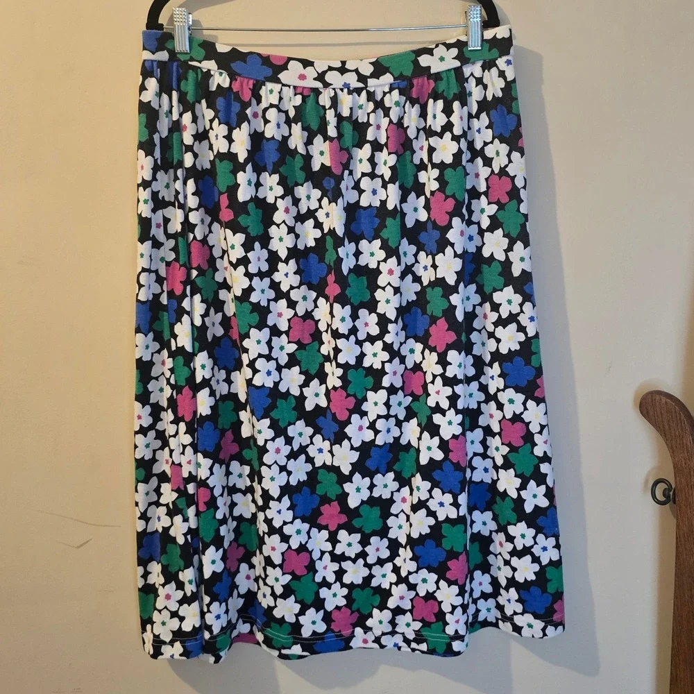Koret Vintage Floral Daisy‎ Midi Skirt Black Multi Color Elastic Waist Large USA